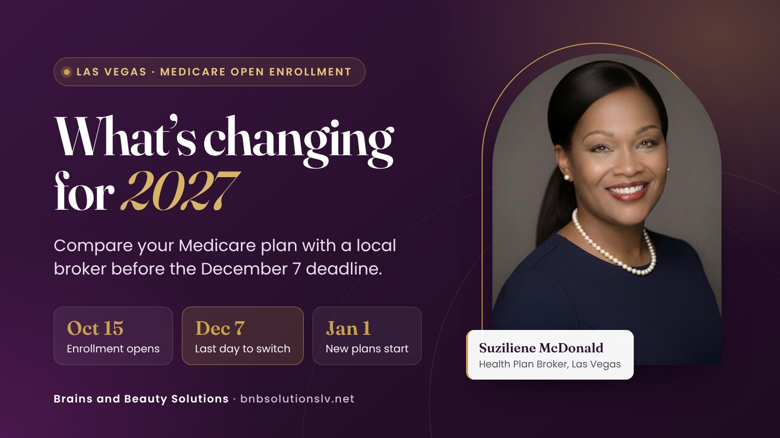 2027 Medicare Open Enrollment in Las Vegas key dates with local broker Suziliene McDonald